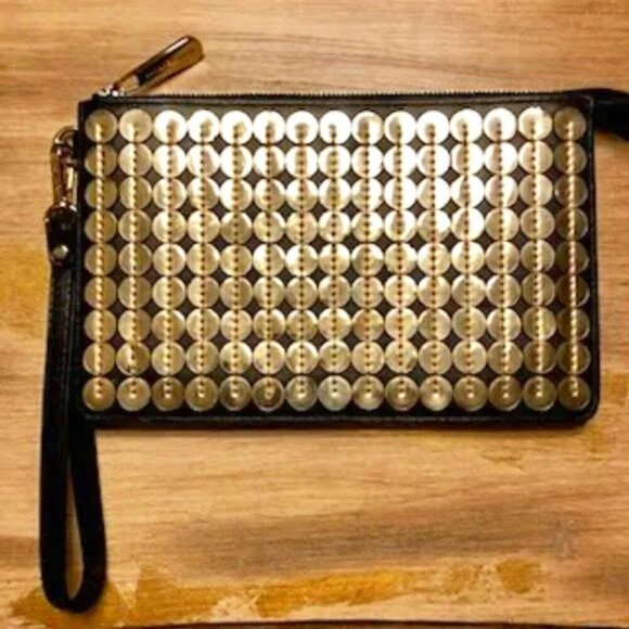 New MICHAEL KORS Gold Sequin Black Saffiano Leather Wallet Wristlet MSRP $150 - Picture 1 of 4